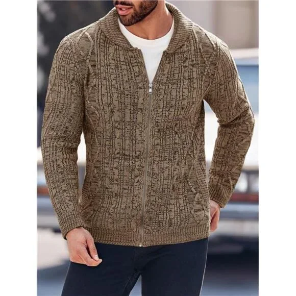Men's Shawl Neck Cardigan Sweater Cable Knit Zip Up Closure with Pockets Jacket